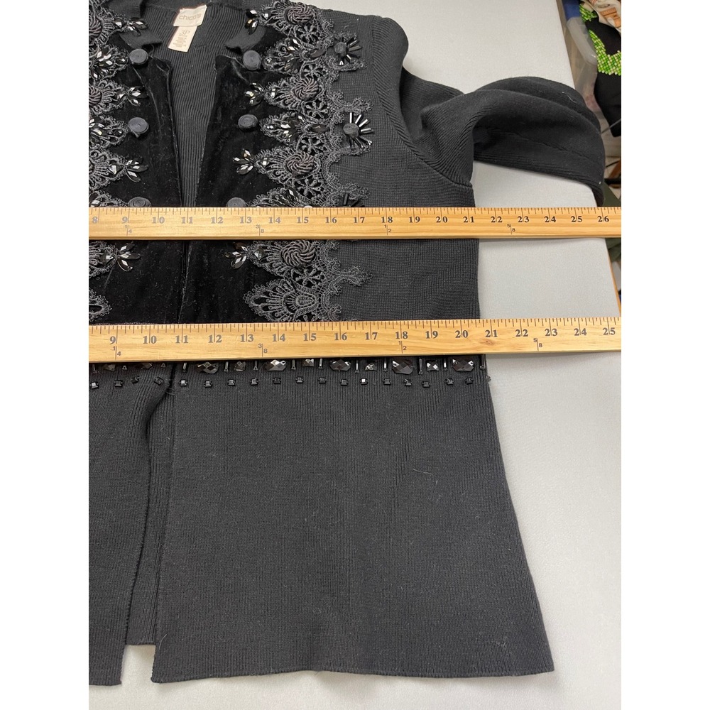 Chicos Black Beaded Lace Velvet Open Front‎ Cardigan Sweater Petite 3P - Picture 10 of 11